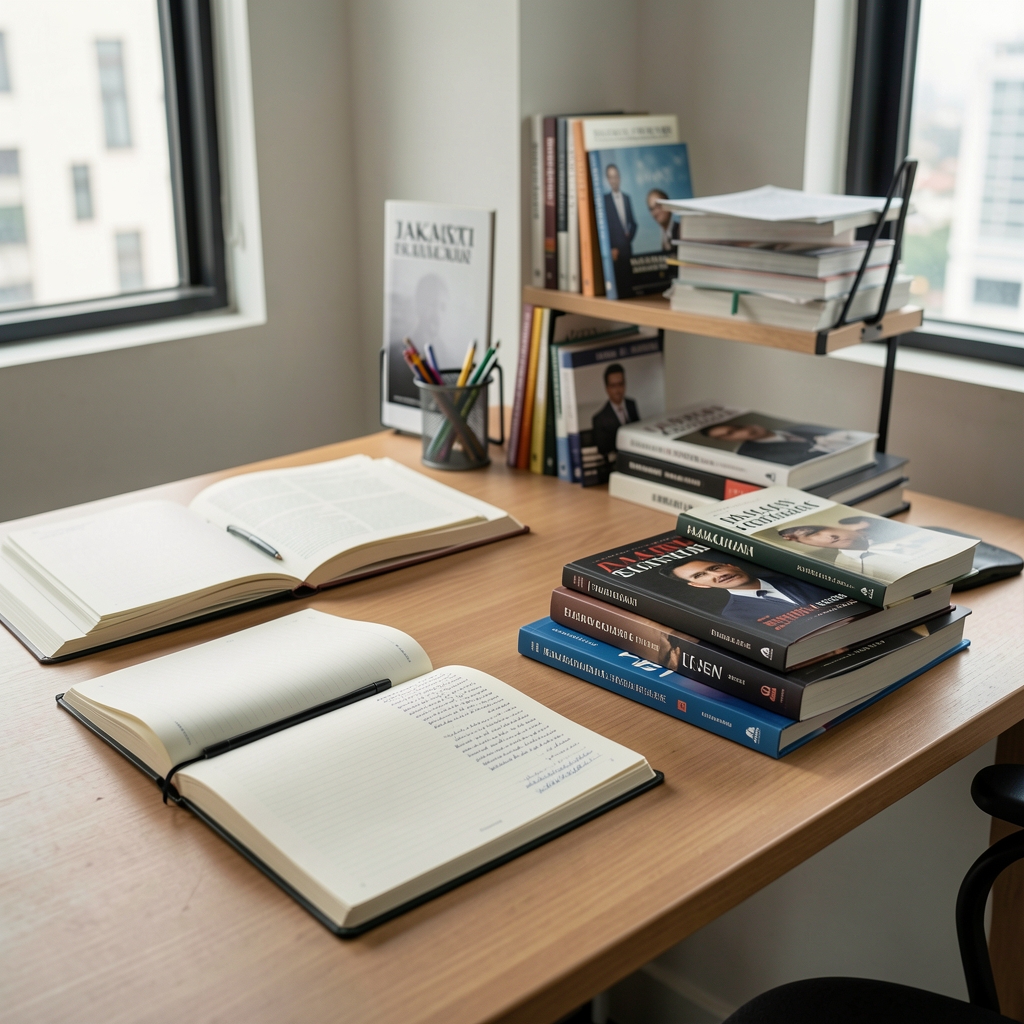 Jakarta editorial workspace with open notebooks, reference books on men's wellness and nutrition, a cup of coffee, and morning light streaming through large windows