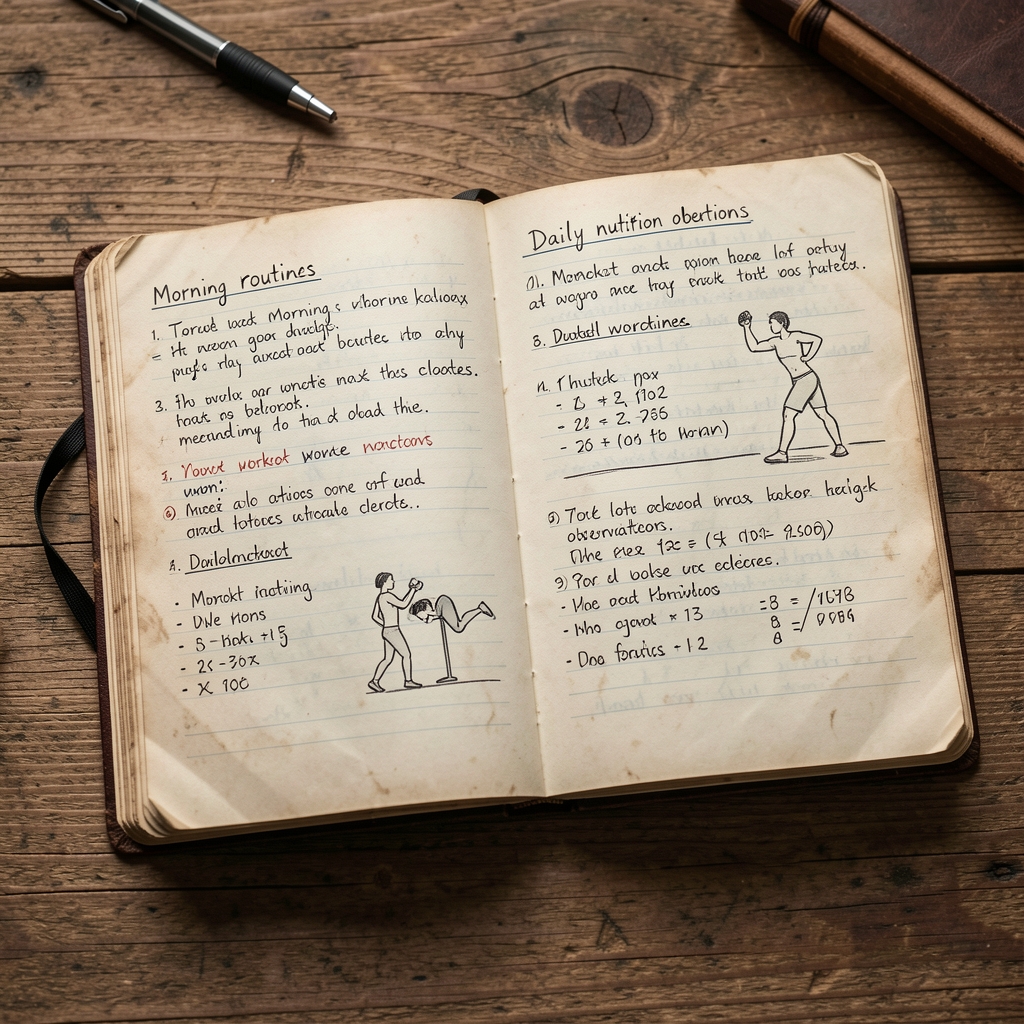 A worn personal journal open on a wooden desk, filled with handwritten notes on morning routines, sketched workout plans, and daily nutrition observations