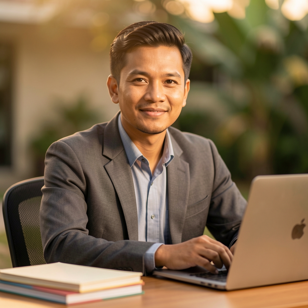 Editorial portrait of a professional Indonesian man in his mid-thirties seated at a desk with notebooks and a laptop, under warm studio lighting