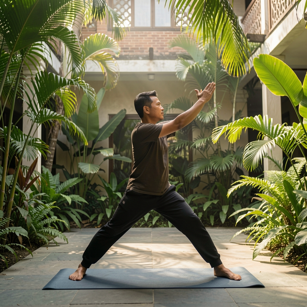 Indonesian man in early morning light performing stretching exercises in an open-air courtyard, surrounded by tropical greenery