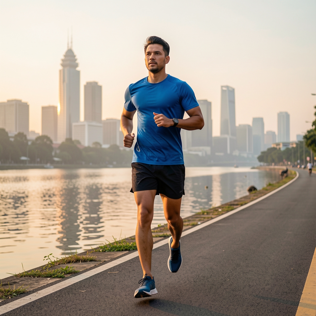 Man in athletic wear performing morning run along a Jakarta riverside path at dawn, with city skyline visible in the background