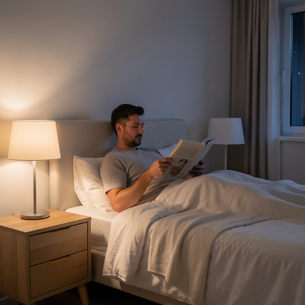 Man reading in a calm, minimalist bedroom at night with a lamp on the nightstand, showing a structured pre-sleep wind-down environment