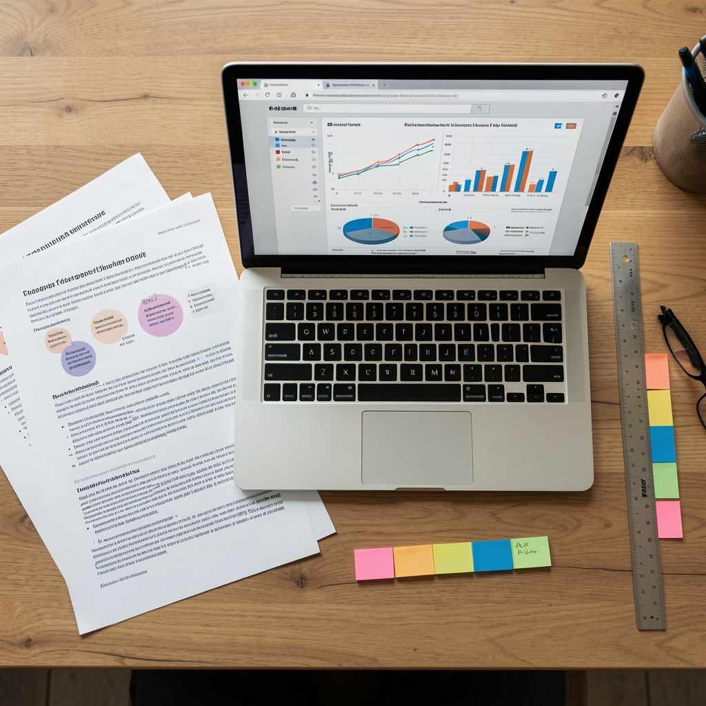 Overhead view of a research workstation with printed nutritional studies, a laptop displaying data charts, a ruler, and colour-coded annotation tabs on a wooden desk