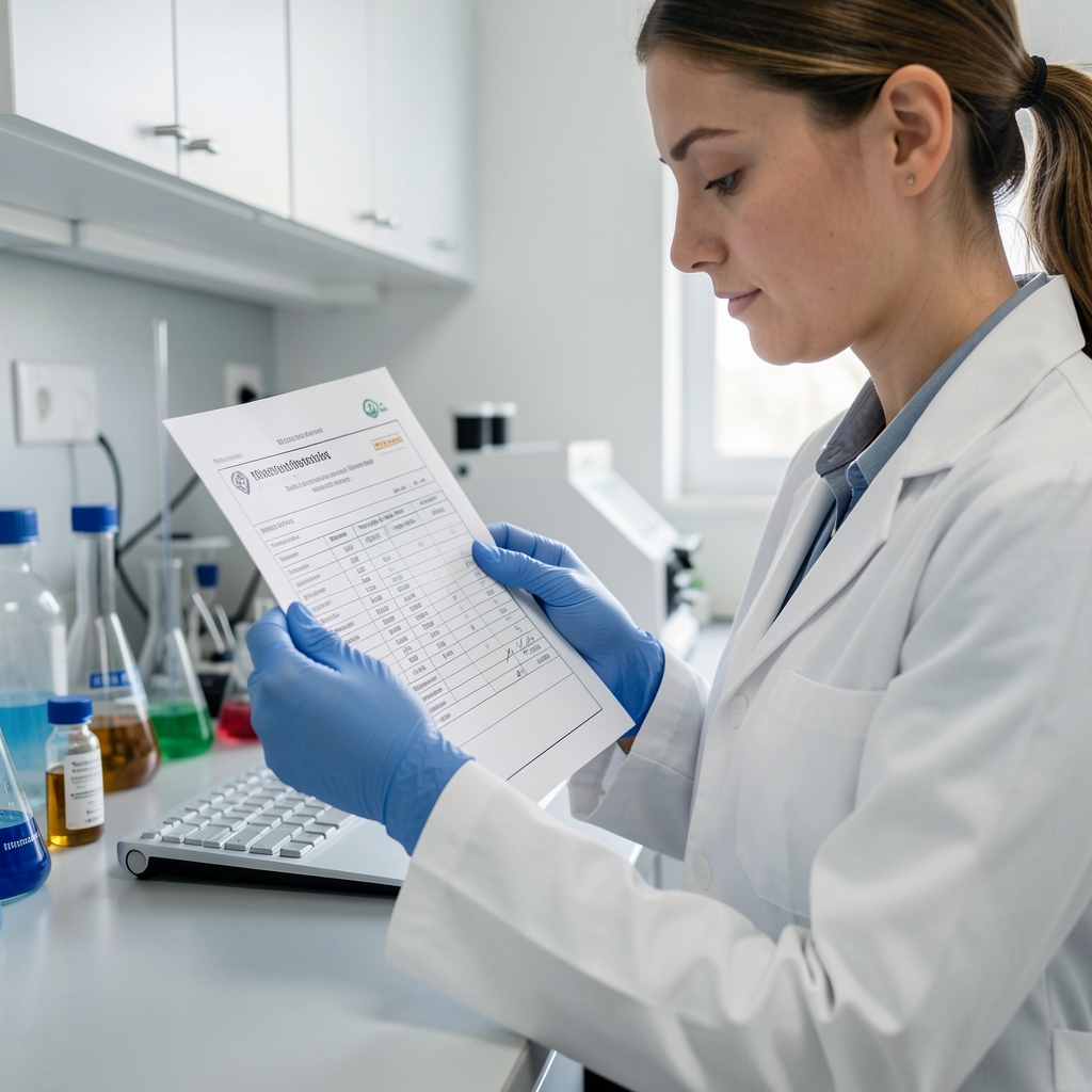 Laboratory technician in gloves examining supplement composition certificates and batch documentation in a clean workspace environment with controlled lighting