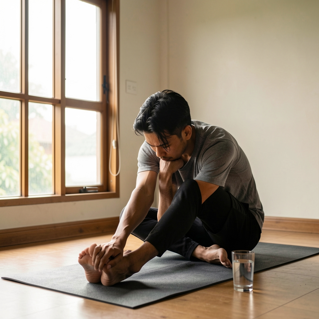 Indonesian man performing morning stretching exercises on a yoga mat next to a window with filtered early light, with a glass of water visible on the floor beside him