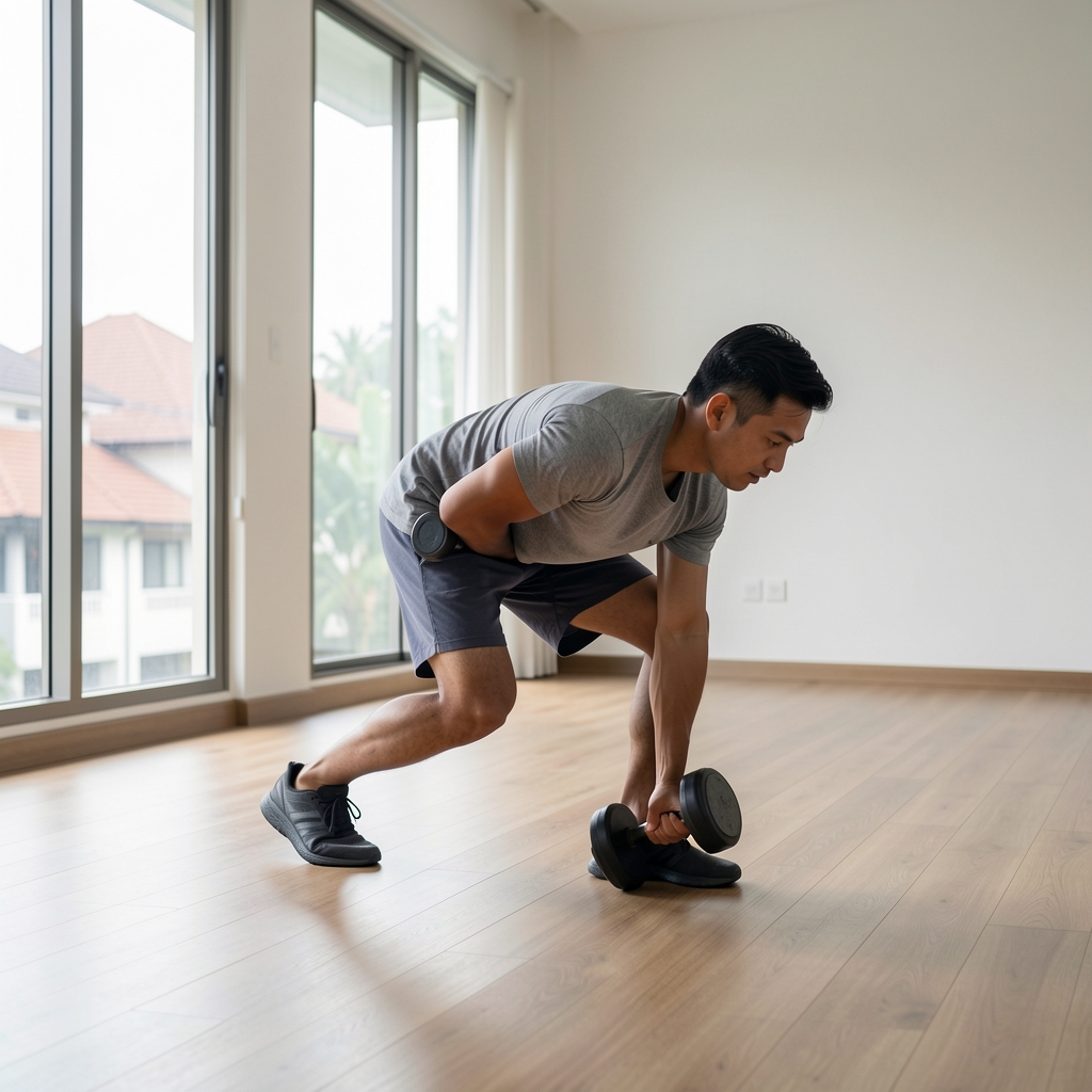 Man performing dumbbell rows in a minimalist home gym space in Jakarta with wooden flooring, large windows, and natural light, wearing grey athletic wear