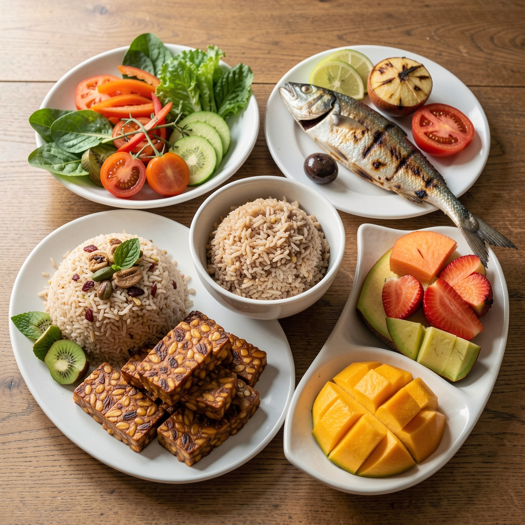 Colourful Indonesian whole-food meal spread on a wooden table showing brown rice, tempeh, fresh vegetables, grilled fish, and sliced tropical fruit in natural daylight