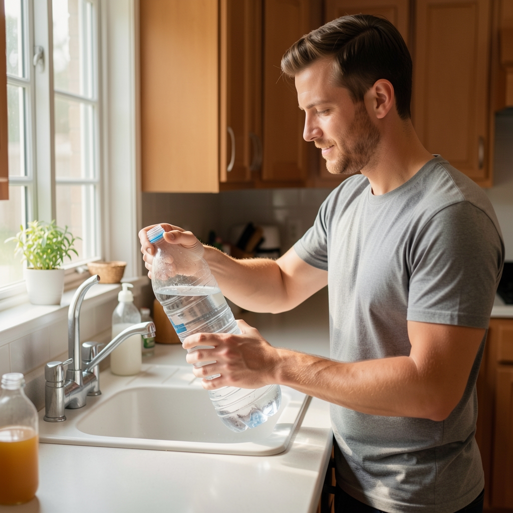 Man filling a large clear water bottle from a tap in a well-lit kitchen, showing a mid-morning hydration habit within a domestic routine context